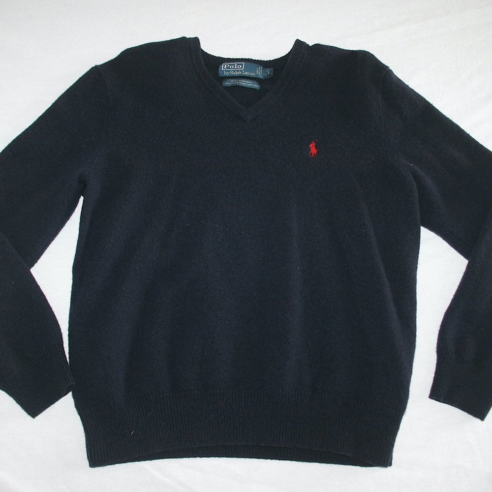 Ralph Lauren Polo Lambswool V Neck Sweater Youth L Blue